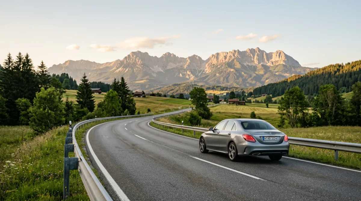Silberne Limousine auf einer kurvigen Landstraße durch grüne Alpenwiesen, im Hintergrund Berge im warmen Abendlicht.