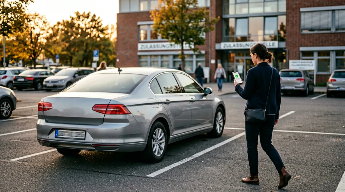 Silberne Limousine auf dem Parkplatz einer Zulassungsstelle, eine Person hält ein Smartphone mit grüner eVB-Bestätigung.
